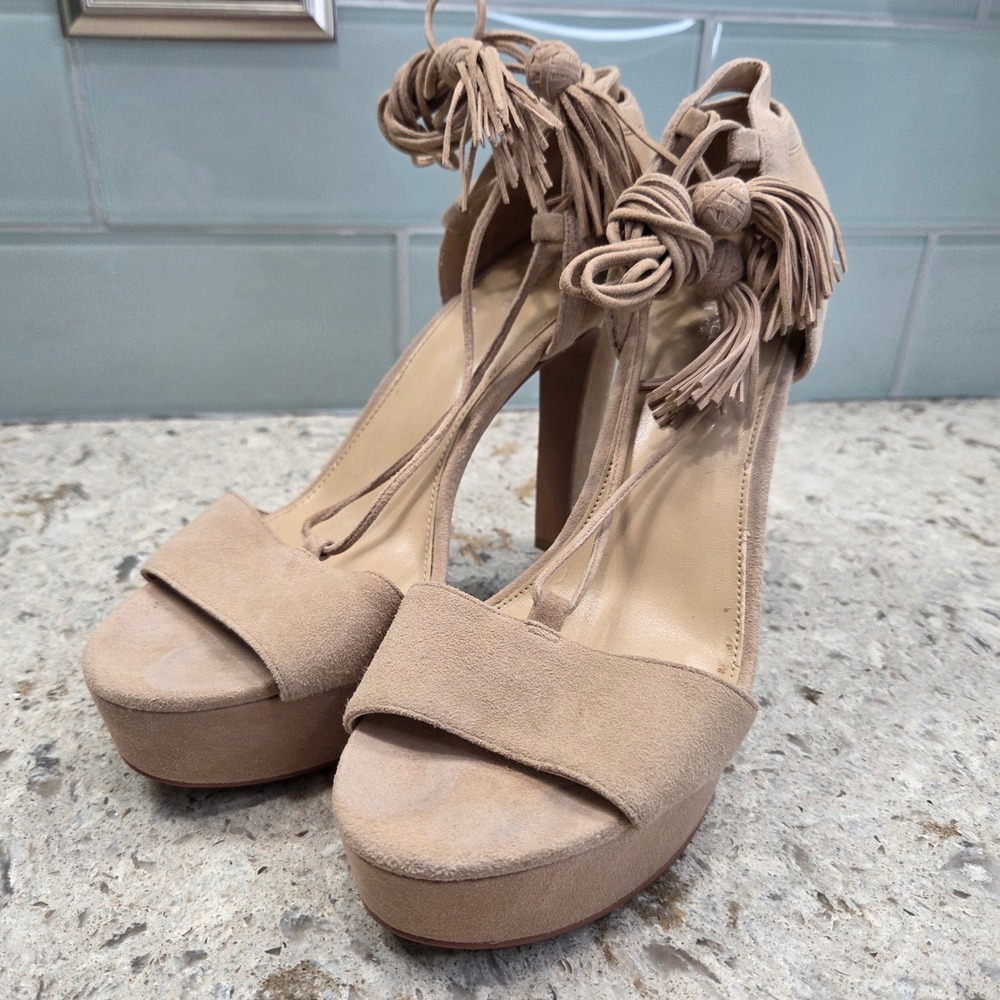 Michael‎ Kors Suede Lace Up Tassel Platform Block Heels Tan Women's Shoes